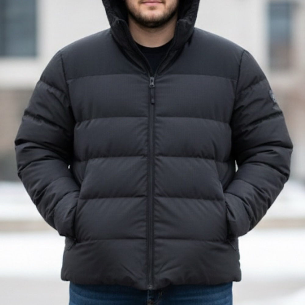 H&M Men’s 3XL Black Hooded Puffer Jacket Windproof Water Repellent EUC